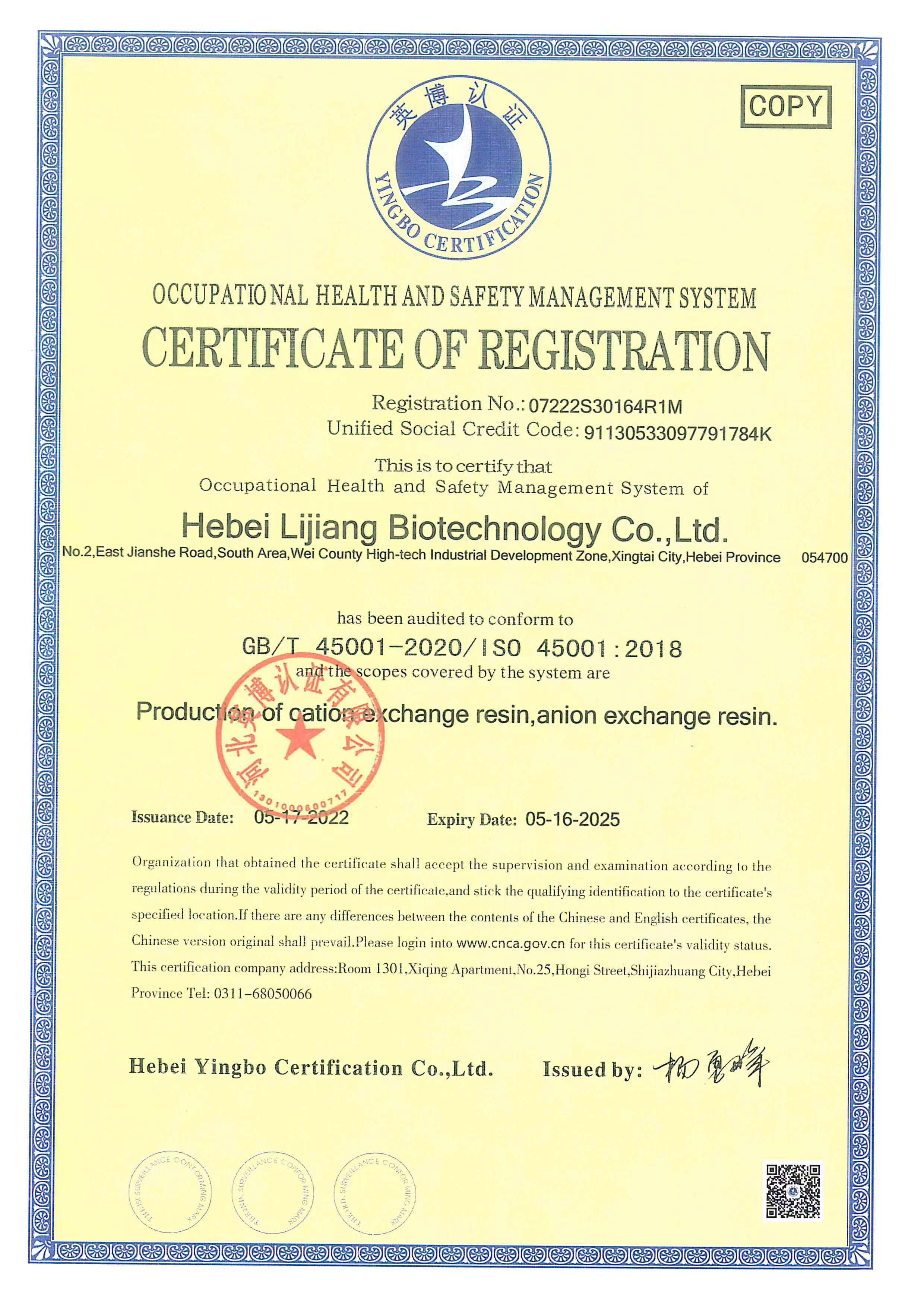 Occupational Health and Safety Management System Certification SO45001